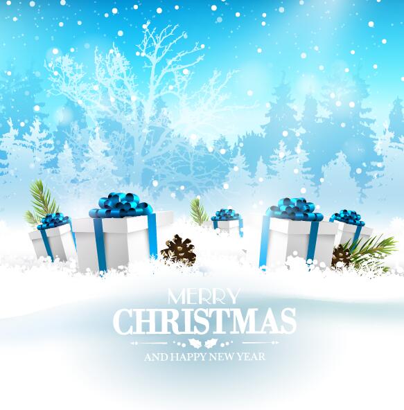 Winter christmas card with new year gift boxs vector