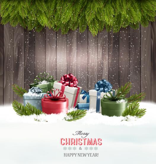 Winter christmas with new year card and wooden background vector