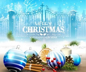 Winter snow with christmas baubles design background vector