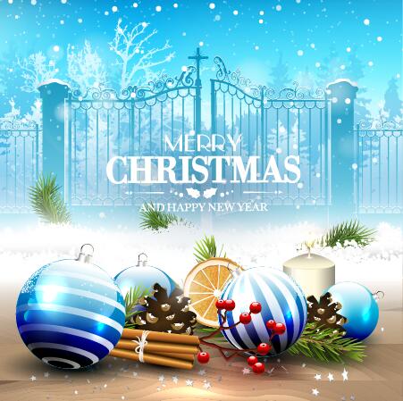 Winter snow with christmas baubles design background vector