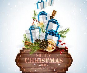 Wooden christmas label with gift card vector