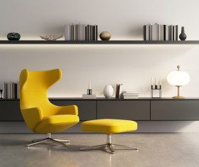 Yellow seat with bookcase background Stock Photo