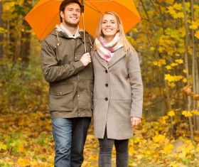 Yellow umbrella Couple walking in the woods HD picture 01