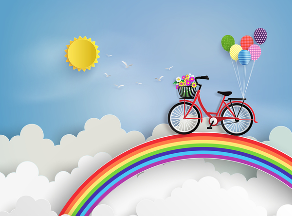 byicycle and rainbow with cloud vector