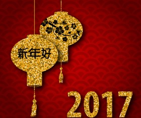 lantern with chinese new year red background vector 07