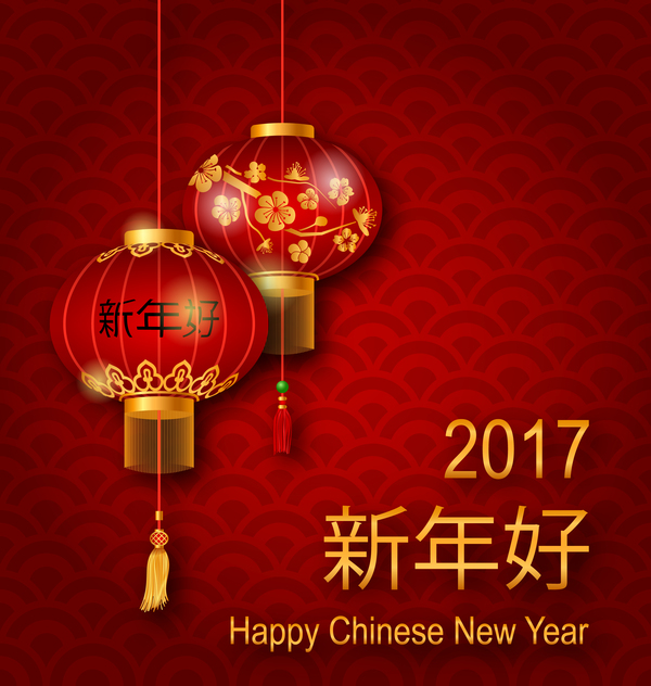 lantern with chinese new year red background vector 08