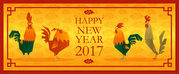Happy new year 2017 background with rooster vector 01