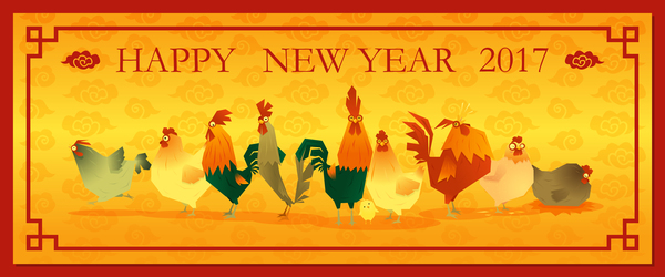 2017 Happy new year with chicken banner vector 02