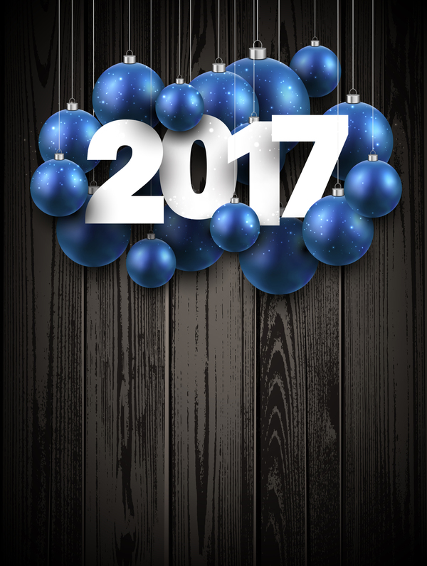 2017 blue christmas ball with wooden background vector