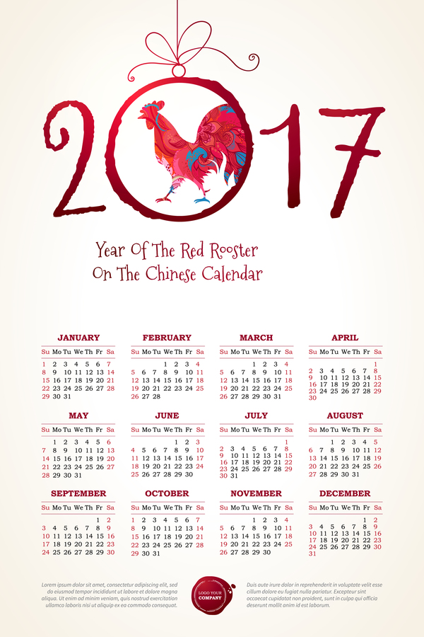 2017 chinese calendar with red rooster vector 02