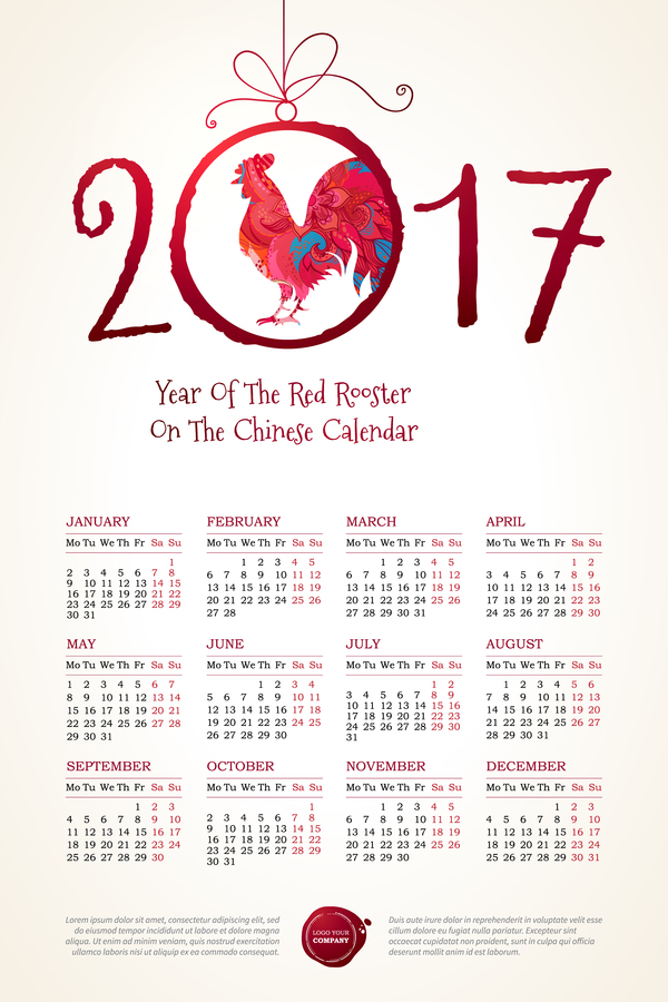 2017 chinese calendar with red rooster vector 03