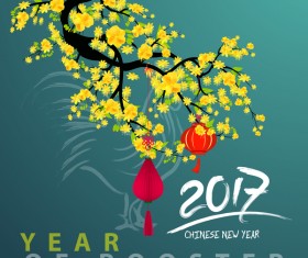 2017 chinese new year of rooster with flowers and green background vector
