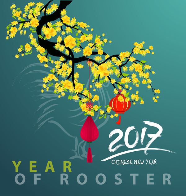 2017 chinese new year of rooster with flowers and green background vector