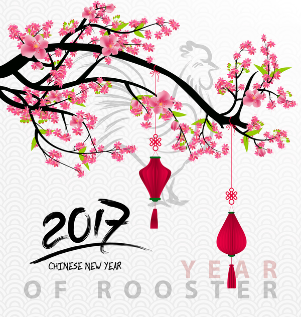 2017 chinese new year of rooster with flowers vector 02