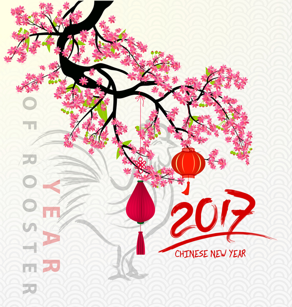2017 chinese new year of rooster with flowers vector 05