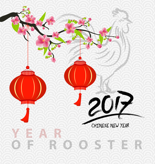 2017 chinese new year of rooster with flowers vector 06