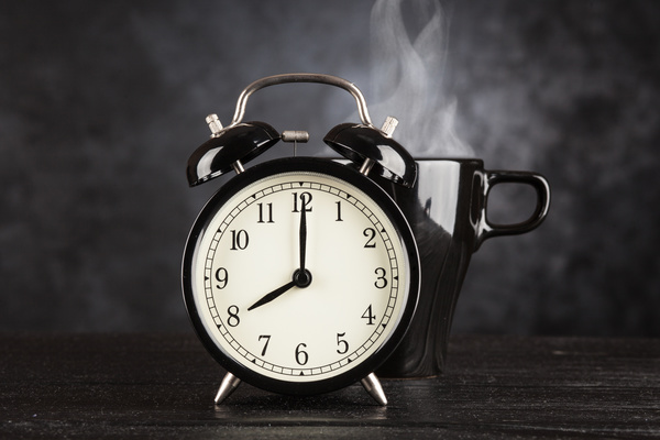 Alarm clock and A cup of coffee Stock Photo 01