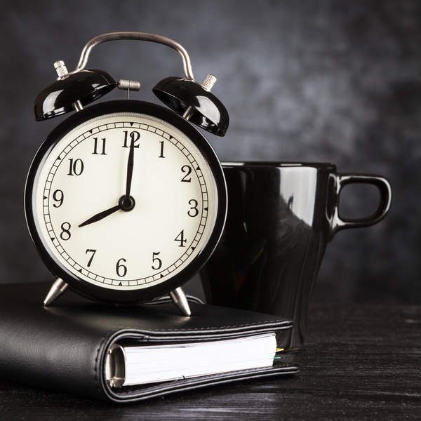 Alarm clock and A cup of coffee Stock Photo 03