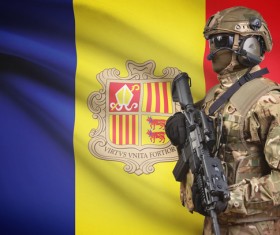 Andorran flag with armed soldiers Stock Photo