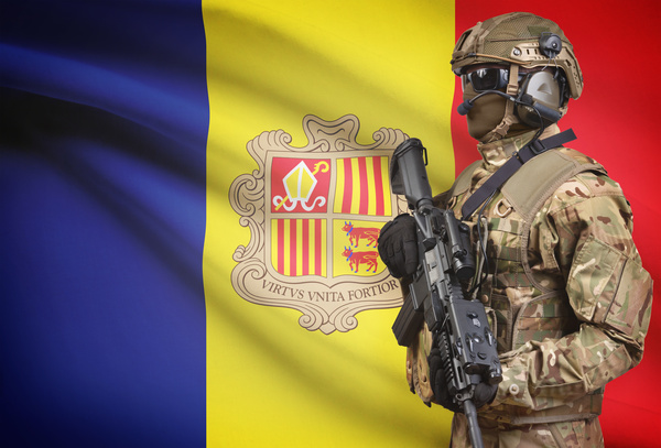 Andorran flag with armed soldiers Stock Photo