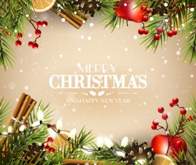 Beige christmas with new year traditional greeting card vector 01
