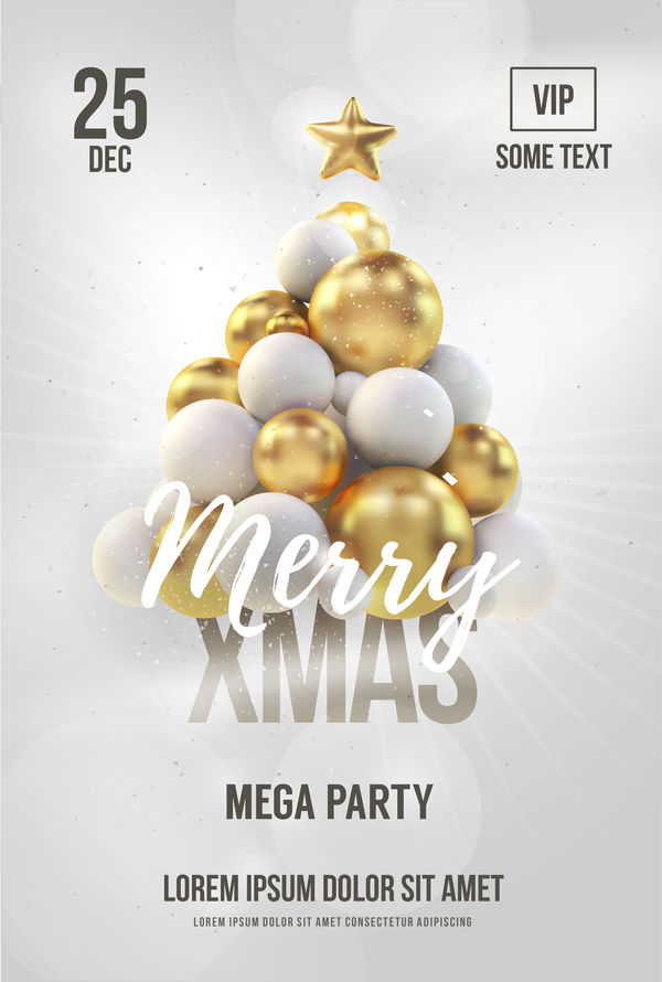 Beige xmas party flyer template with balloon christmas tree vector 01