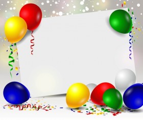 Birthday card with colored balloons and blank paper vector 01