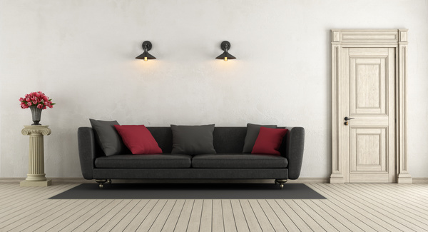 Black sofa with wall lamp HD picture