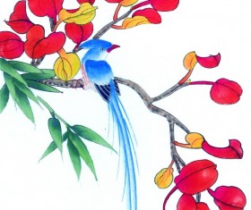 Blue long-tailed bird on the branches of safflower Stock Photo