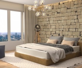 Brick wall bedroom bed Stock Photo
