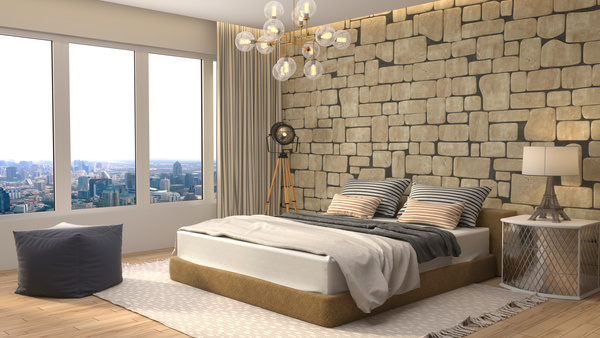 Brick wall bedroom bed Stock Photo