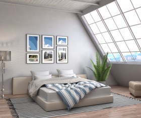 Bright loft bedroom bed Stock Photo