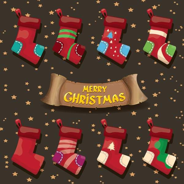 Cartoon christmas socks with retro xmas banner vector 01