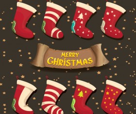 Cartoon christmas socks with retro xmas banner vector 02