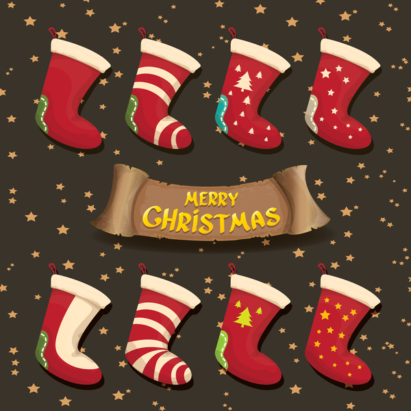 Cartoon christmas socks with retro xmas banner vector 02
