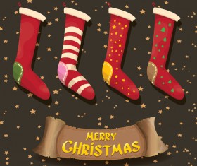 Cartoon christmas socks with retro xmas banner vector 03