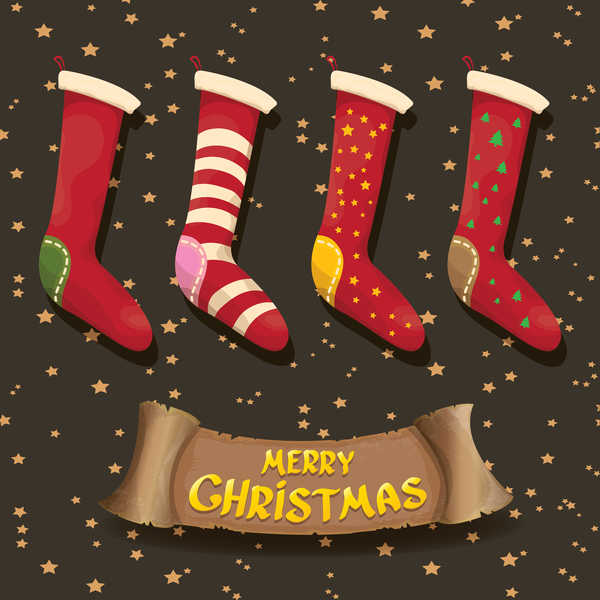 Cartoon christmas socks with retro xmas banner vector 03