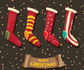 Cartoon christmas socks with retro xmas banner vector 04