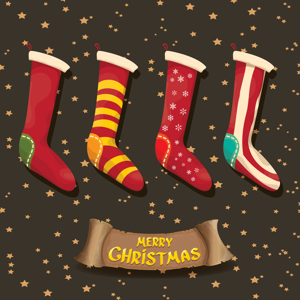 Cartoon christmas socks with retro xmas banner vector 04