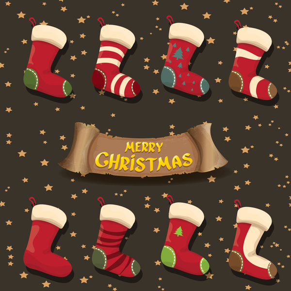 Cartoon christmas socks with retro xmas banner vector 05
