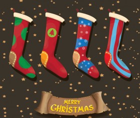 Cartoon christmas socks with retro xmas banner vector 06