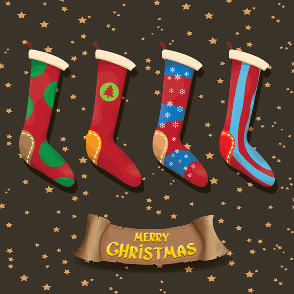 Cartoon christmas socks with retro xmas banner vector 06