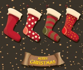 Cartoon christmas socks with retro xmas banner vector 07