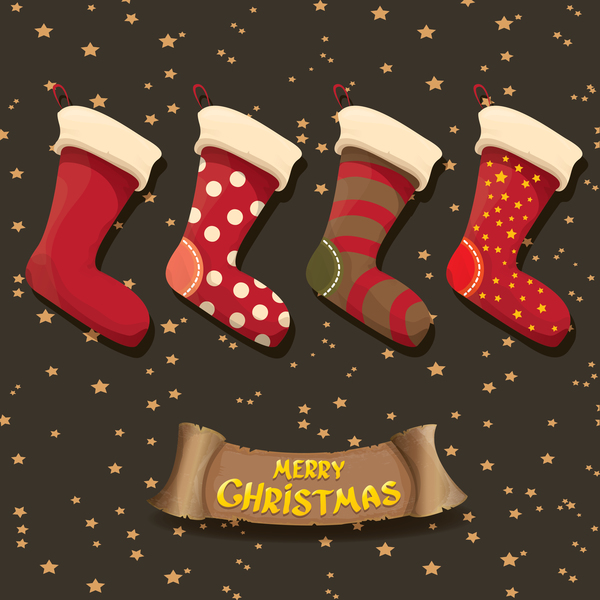 Cartoon christmas socks with retro xmas banner vector 07