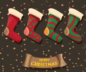 Cartoon christmas socks with retro xmas banner vector 08
