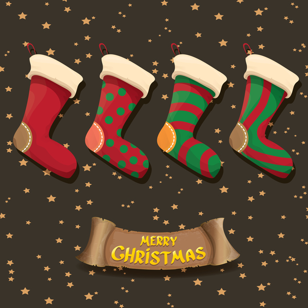 Cartoon christmas socks with retro xmas banner vector 08