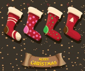 Cartoon christmas socks with retro xmas banner vector 09