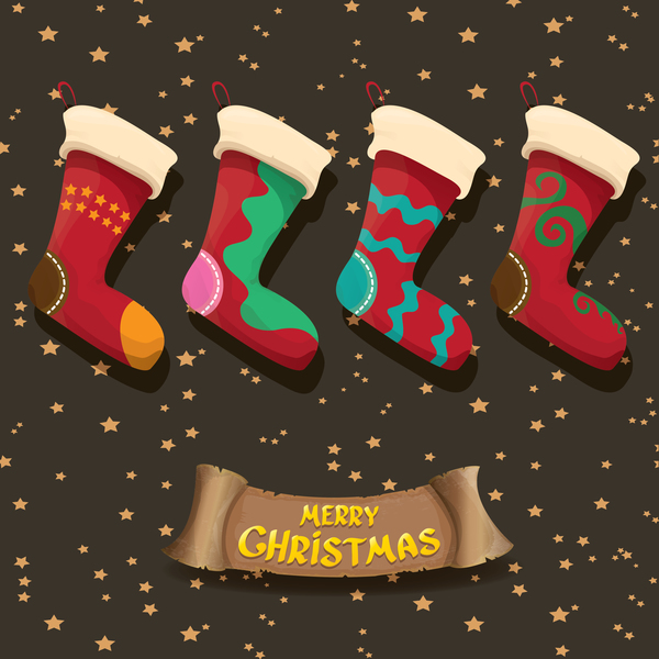 Cartoon christmas socks with retro xmas banner vector 10