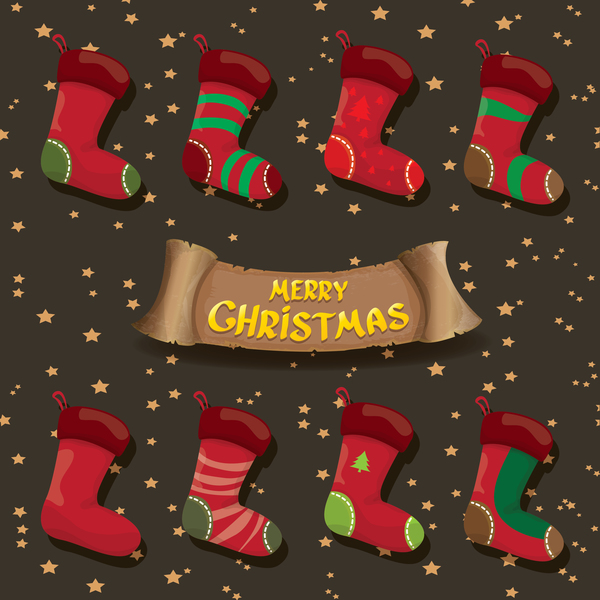 Cartoon christmas socks with retro xmas banner vector 12