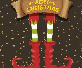 Cartoon elfs legs with retro christmas banner vector 01